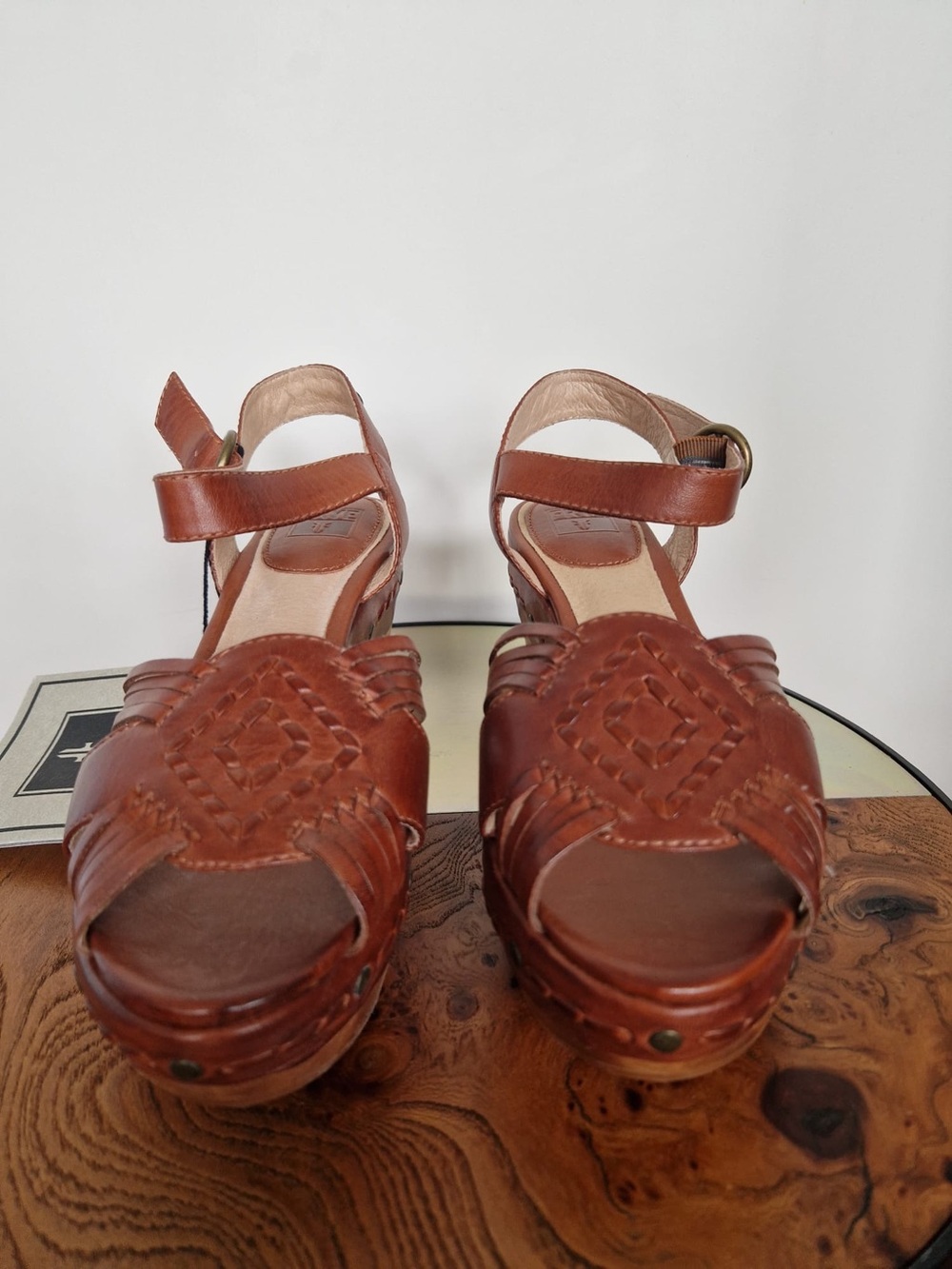 Frye Cognac Brown Woven Leather Platform Sandals with Ankle Strap